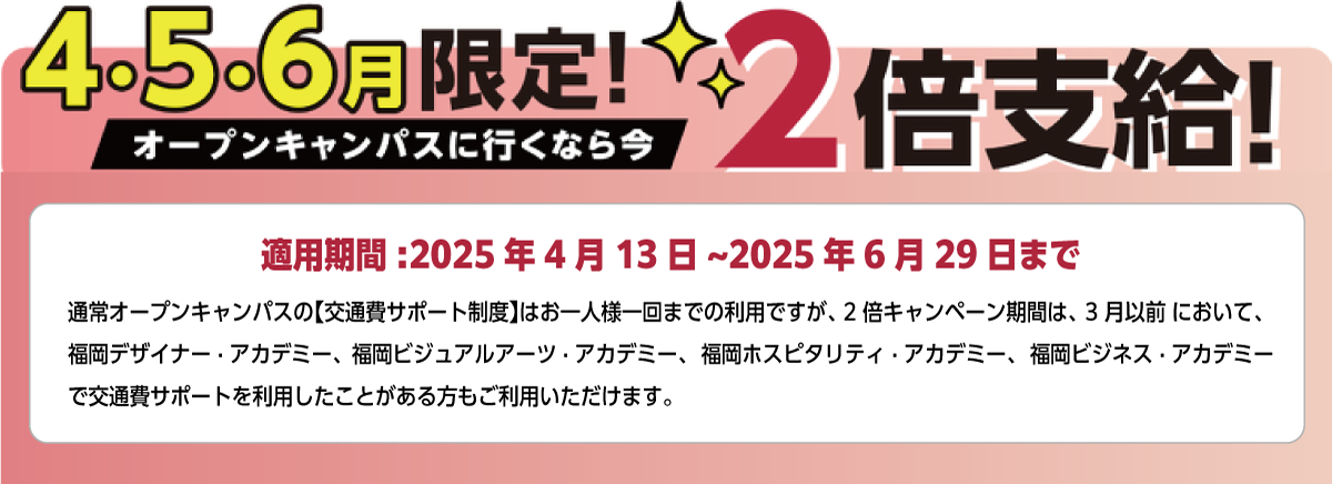 4、5、6月限定で交通費２倍支給！